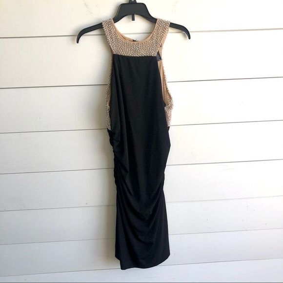 CACHET Mini Black Evening Dress with Nude Beading - Picture 1 of 6